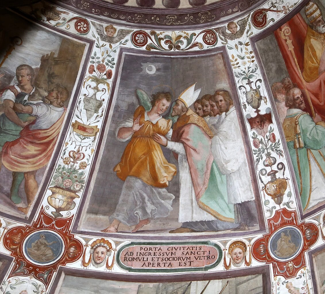 Storie di San Romolo. un angelo apre le porte cittadine di notte a Romolo e i suoi compagnio - Duomo di Fiesole